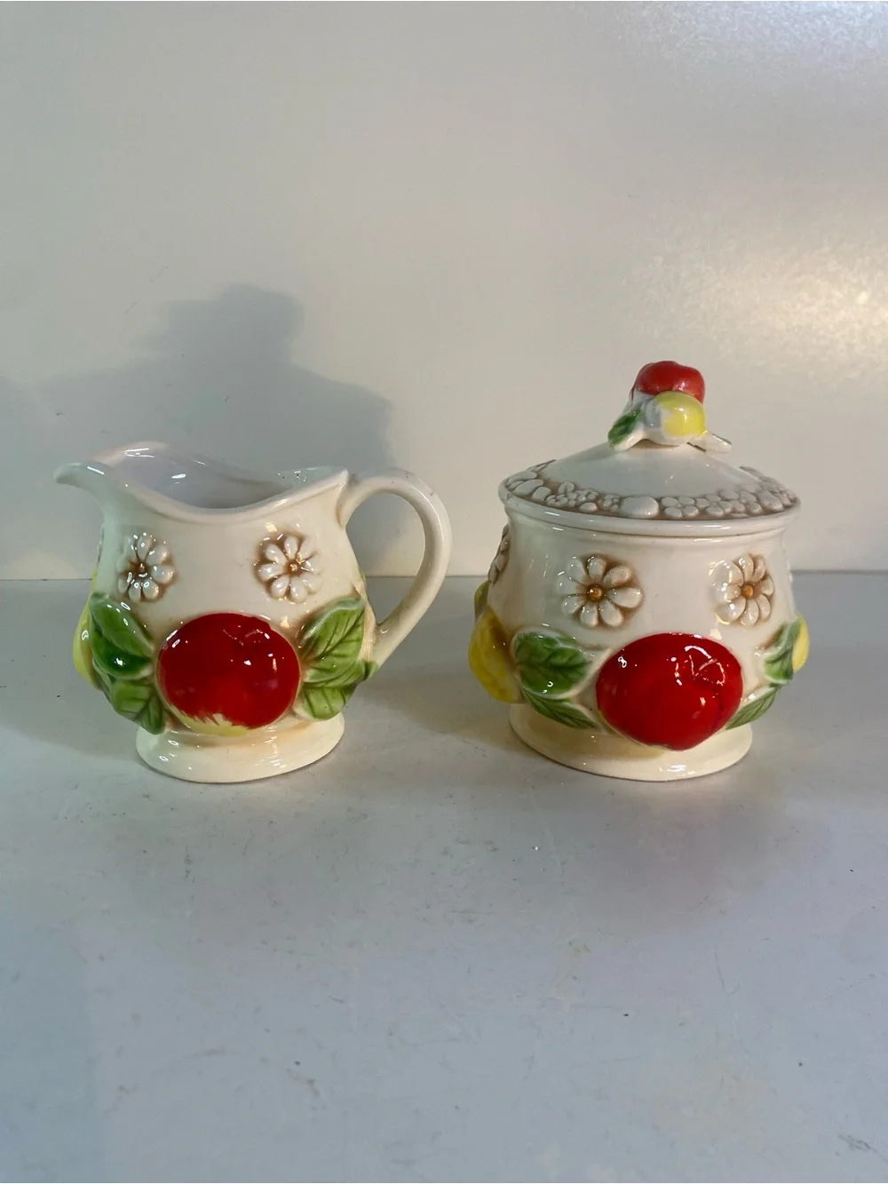 Vintage Fred Roberts Ceramic Fruit & Daisy Creamer Pitcher & Covered Sugar Bowl